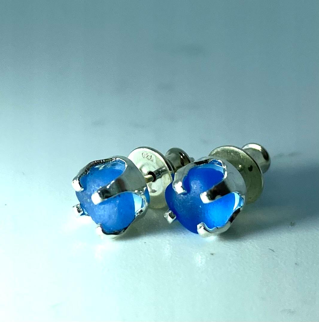 BlueSeaGlassStudSterlingSilverEarrings2Coastal Shore Designs Norfolk