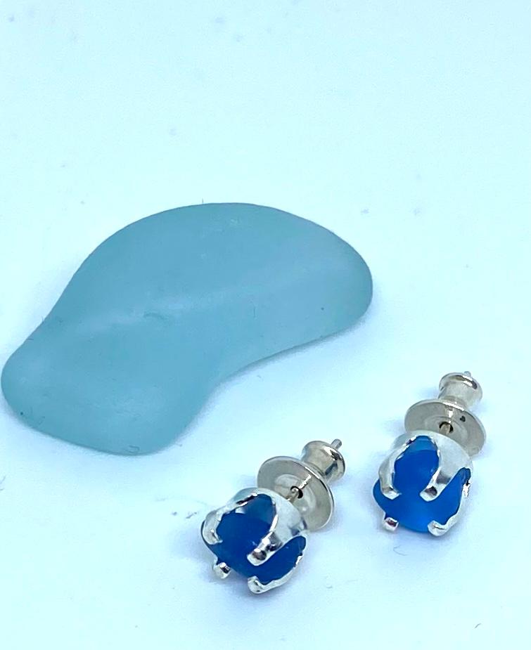 BlueSeaGlassStudSterlingSilverEarrings2Coastal Shore Designs Norfolk