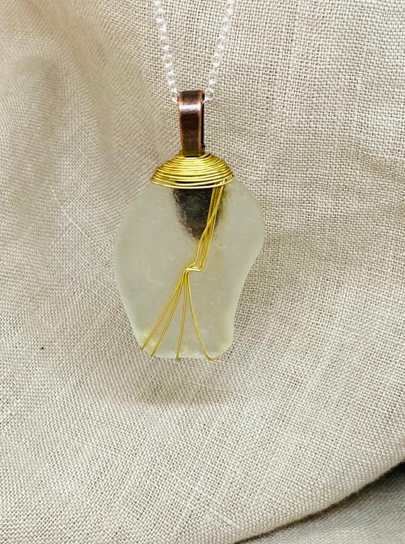 Clear “Twist” Wire Wrap Sea Glass Necklace with Gold Tone Wire Wrap 18 Inch Silver Plated Chain by Coastal Shore Designs Norfolk