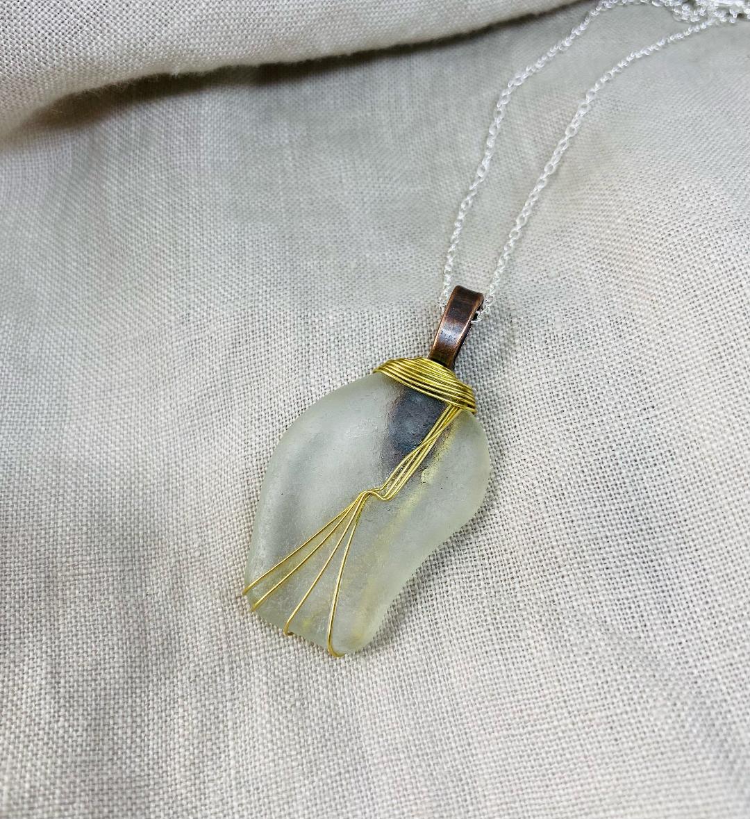 Clear “Twist” Wire Wrap Sea Glass Necklace with Gold Tone Wire Wrap 18 Inch Silver Plated Chain by Coastal Shore Designs Norfolk