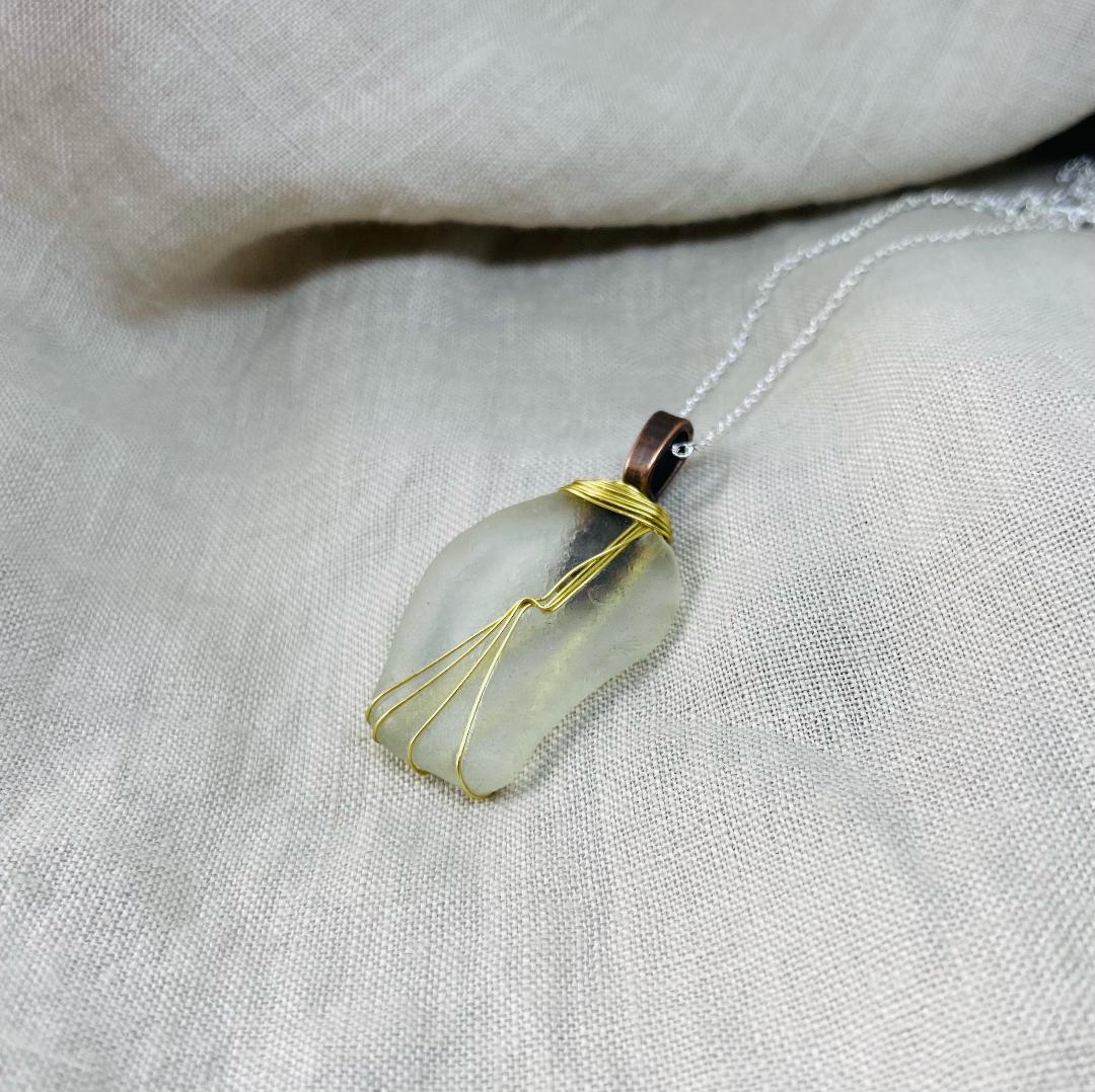 Clear “Twist” Wire Wrap Sea Glass Necklace with Gold Tone Wire Wrap 18 Inch Silver Plated Chain by Coastal Shore Designs Norfolk