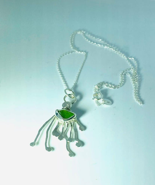 GreenSeaGlassOctopusSilverNecklace2Coastal Shore Designs Norfolk2