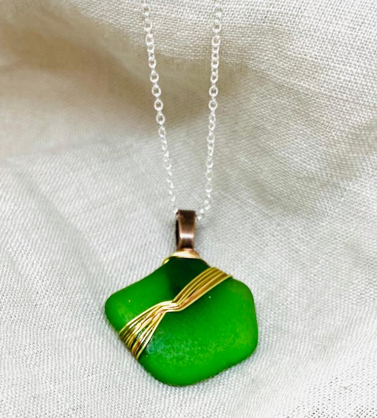 Green Two Tone Wire Wrap Sea Glass Necklace-18 Inch Silver Plated  Chain -Coastal Shore Designs Norfolk1.jpeg