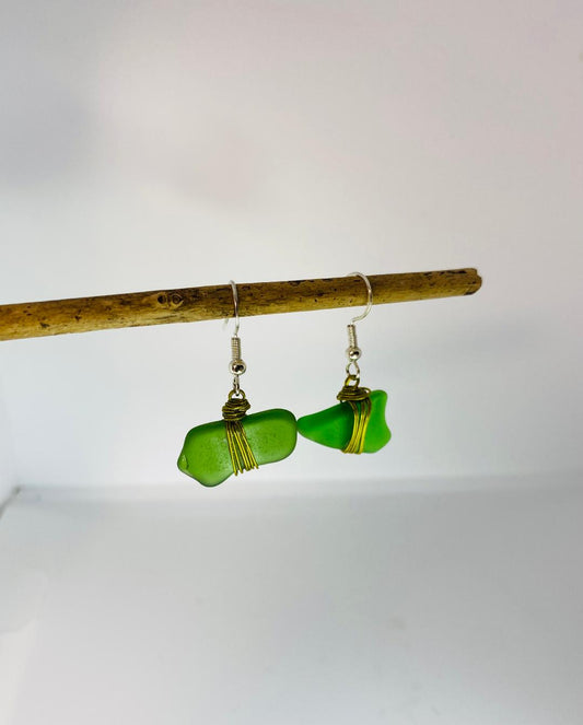 Sea Glass Earrings in Green with Gold Colour Wire Wrap-Coastal Shore Designs-Norfolk