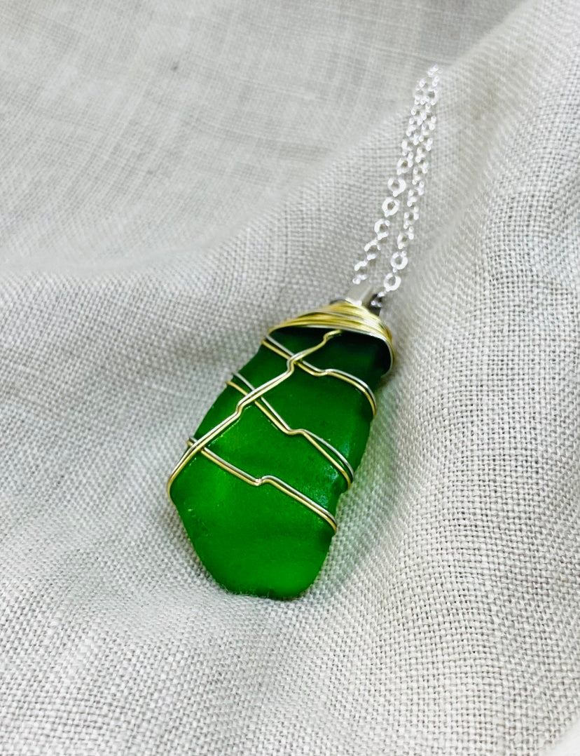 Sea Glass Necklace with Gold Tone “Twist”Wire Wrap Necklace 18 Inch Silver Plated Chain-Coastal Shore Designs- Norfolk