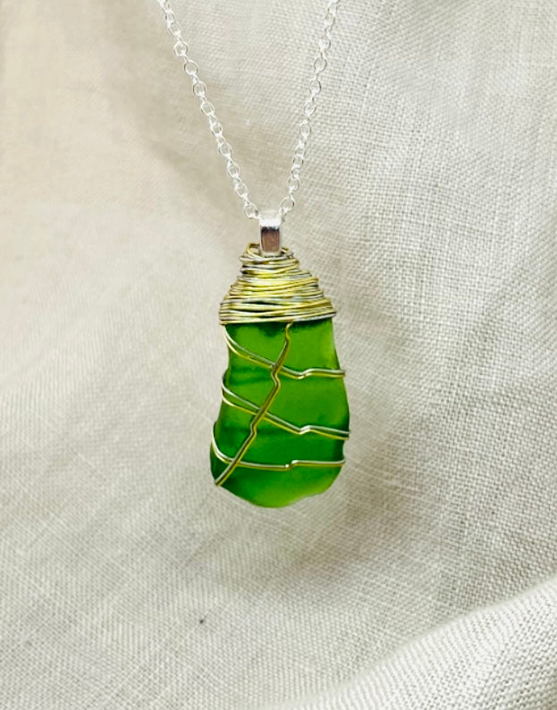 Sea Glass Necklace with Gold Tone “Twist”Wire Wrap Necklace 18 Inch Silver Plated Chain-Coastal Shore Designs- Norfolk