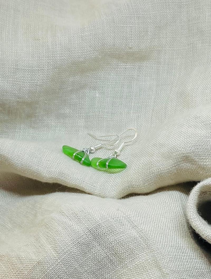 Green Sea Glass Earrings with Silver Tone Wire Wrap