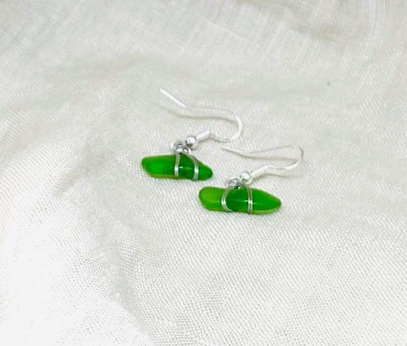 Green Sea Glass Earrings with Silver Tone Wire Wrap