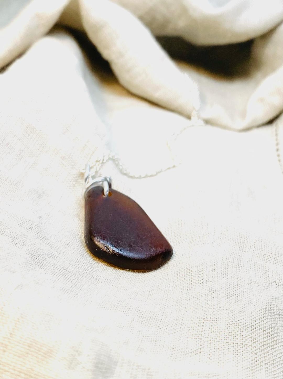 Dark Amber Sea Glass wire wrapped Necklace