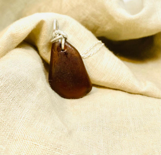 Dark Amber Sea Glass wire wrapped Necklace