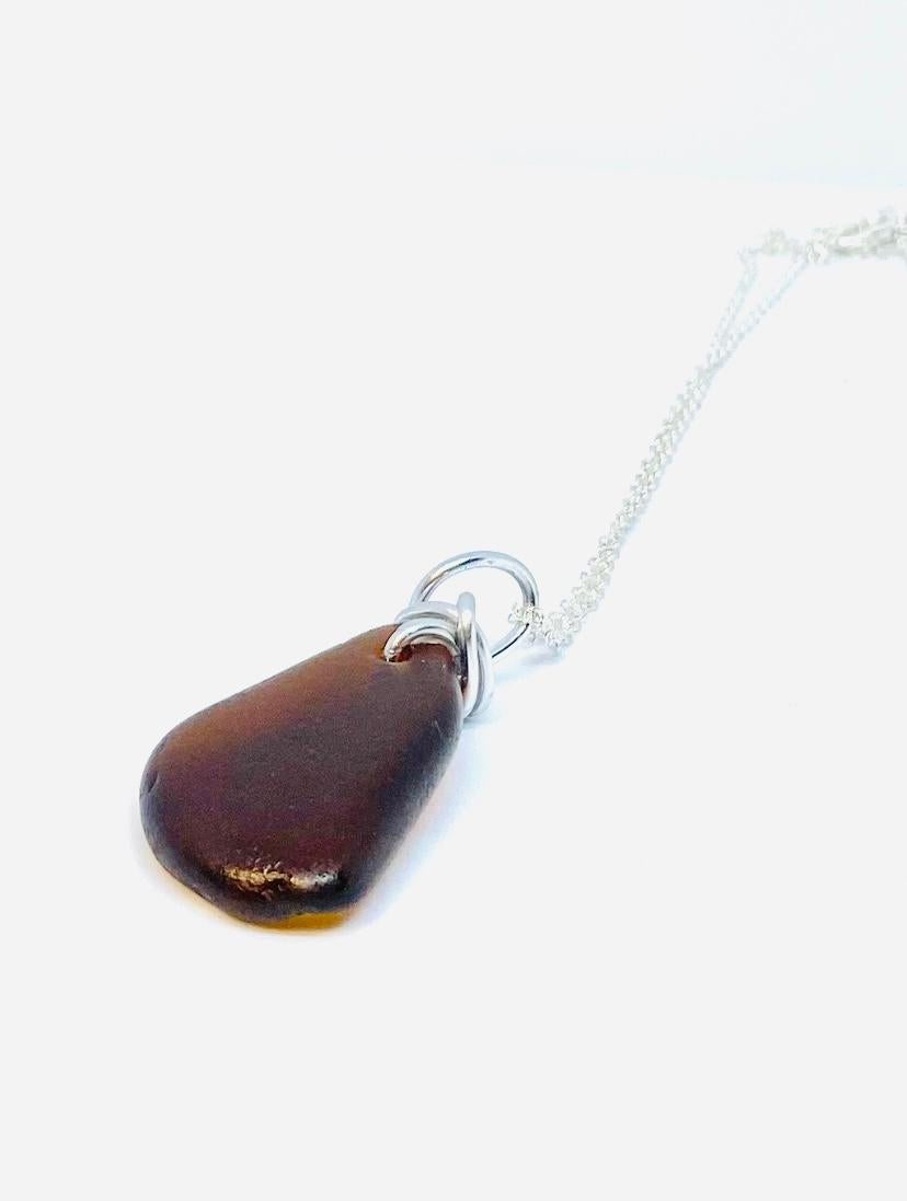 Dark Amber Sea Glass wire wrapped Necklace