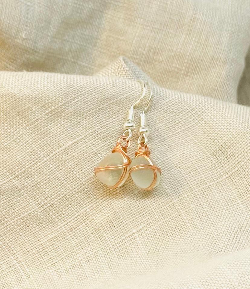 Clear Colour Sea Glass Earrings with Copper Tone Wire Wrap