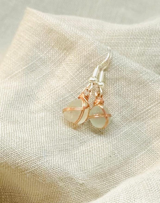 Clear Colour Sea Glass Earrings with Copper Tone Wire Wrap