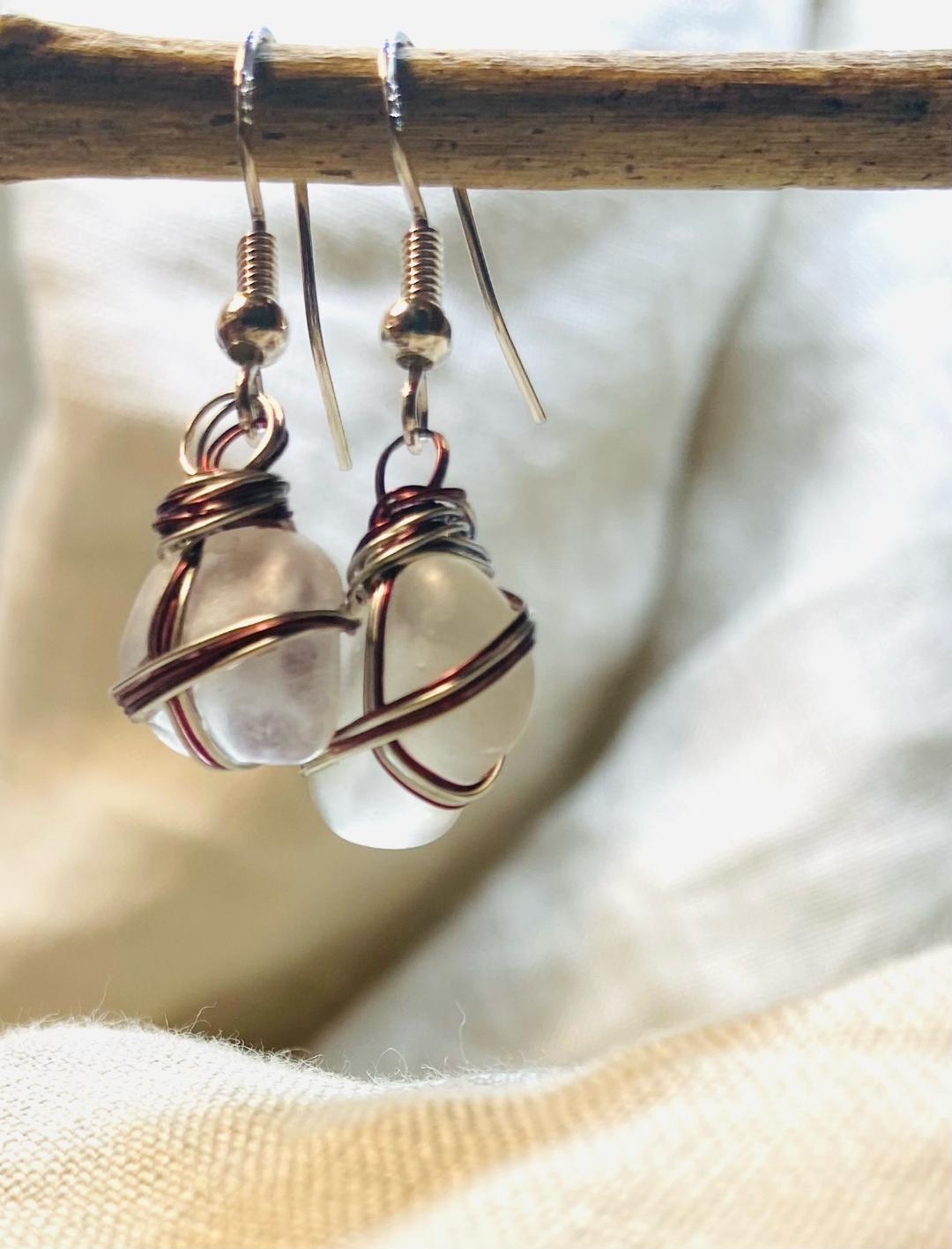 Two Tone Wire Wrap Sea Glass in Clear Sea Glass Earrings