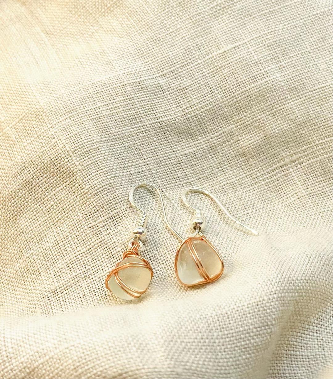 Clear Colour Sea Glass Earrings with Copper Tone Wire Wrap