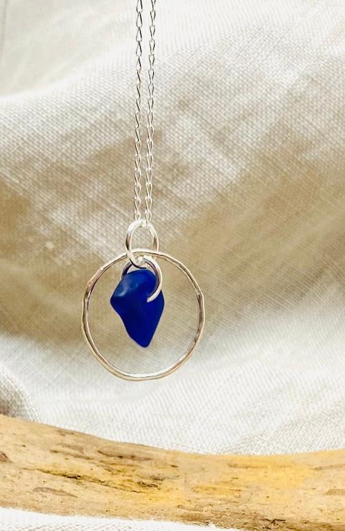 Sterling Silver Sea Glass Necklace in Cobalt Blue