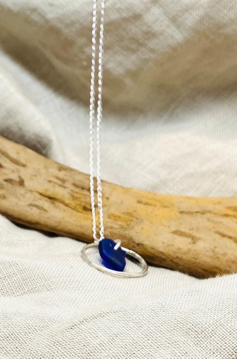 Sterling Silver Sea Glass Necklace in Cobalt Blue