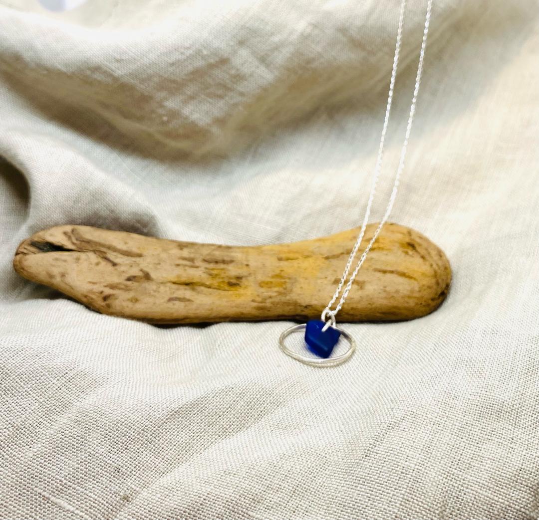 Sterling Silver Sea Glass Necklace in Cobalt Blue