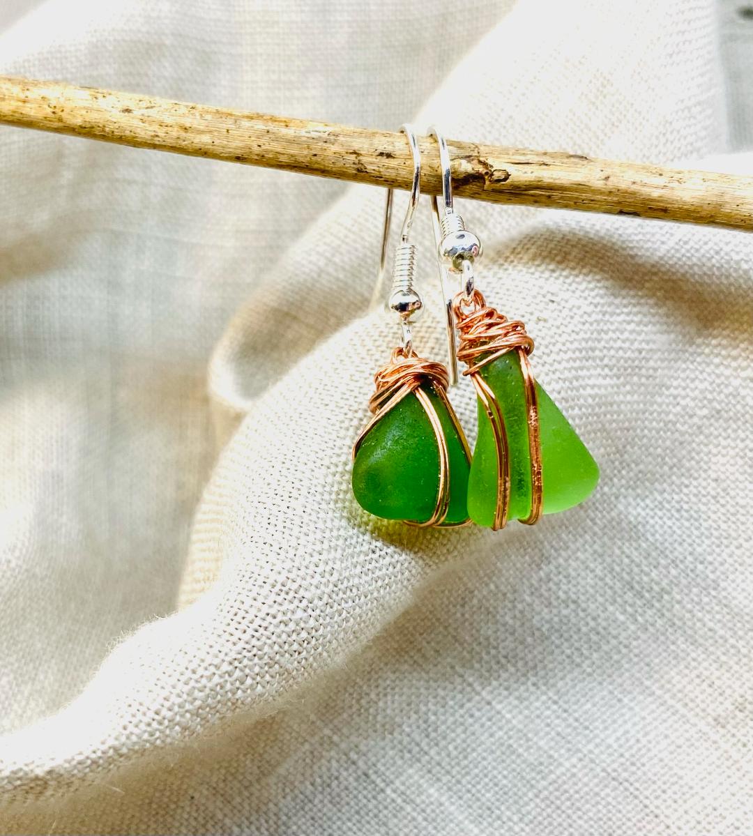 Kelly Green Sea Glass Earring with Copper Tone Wire Wrap