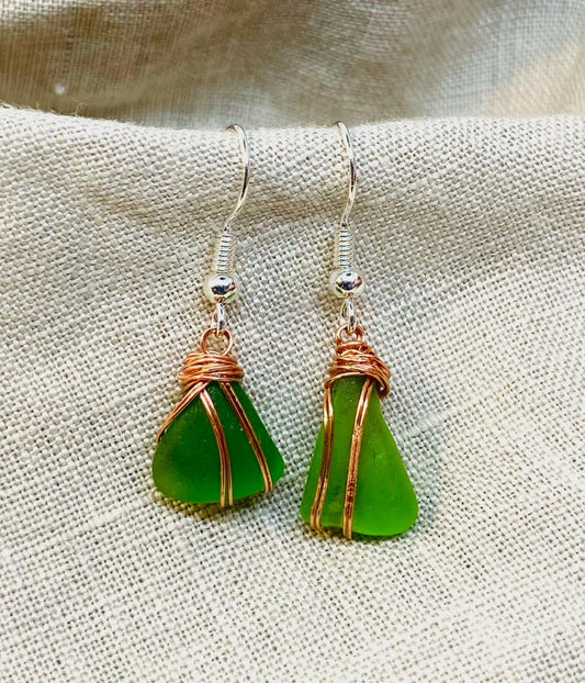 Kelly Green Sea Glass Earring with Copper Tone Wire Wrap