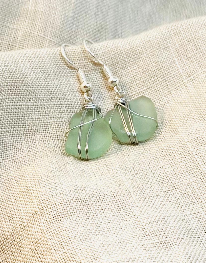 Sea Foam Sea Glass Earrings with Silver Tone Wire Wrap