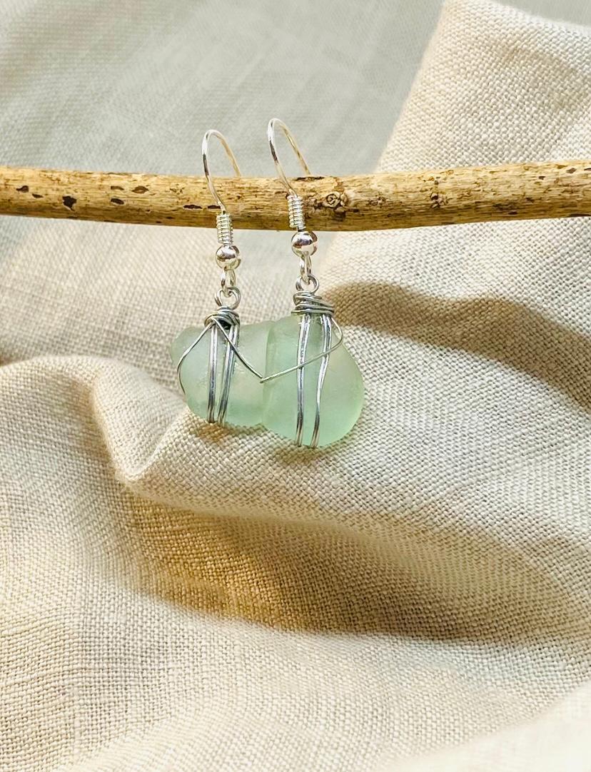 Sea Foam Sea Glass Earrings with Silver Tone Wire Wrap