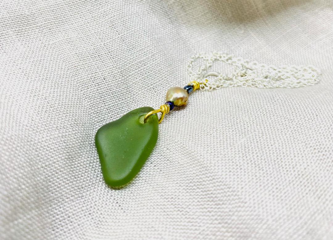 Green Drop Sea Glass with Gold Wire Wrap