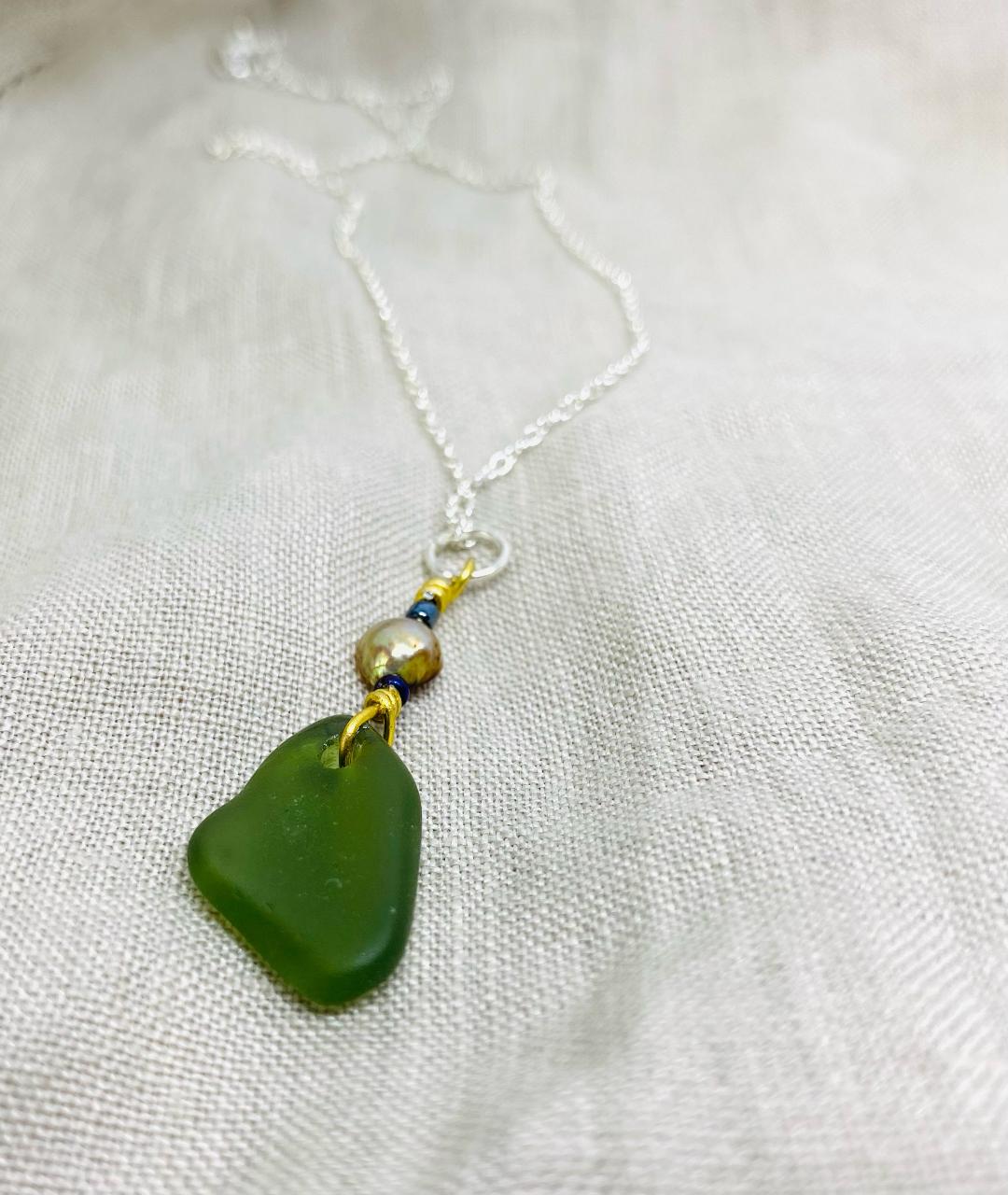 Green Drop Sea Glass with Gold Wire Wrap