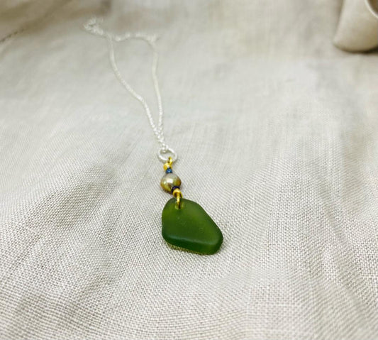 Green Drop Sea Glass with Gold Wire Wrap