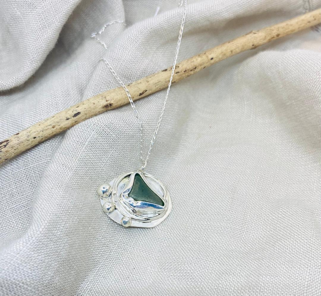 Green Sea Glass Necklace in Sterling Silver..