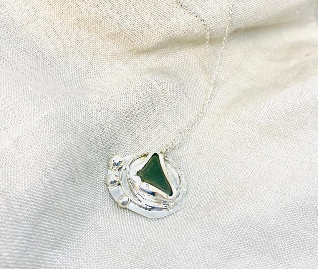 Green Sea Glass Necklace in Sterling Silver..