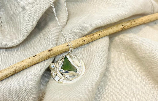 Green Sea Glass Necklace in Sterling Silver..