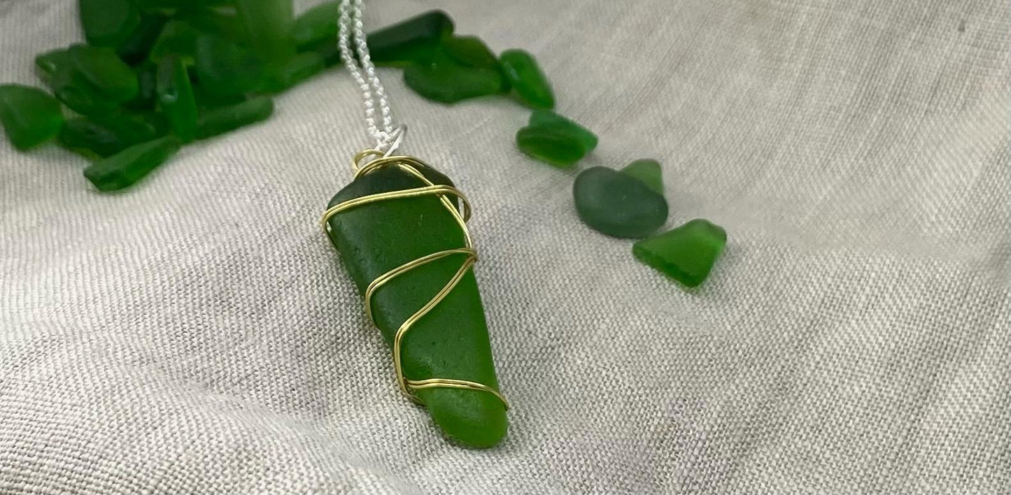 Sea Glass Necklace in Green with Gold Wire Wrap