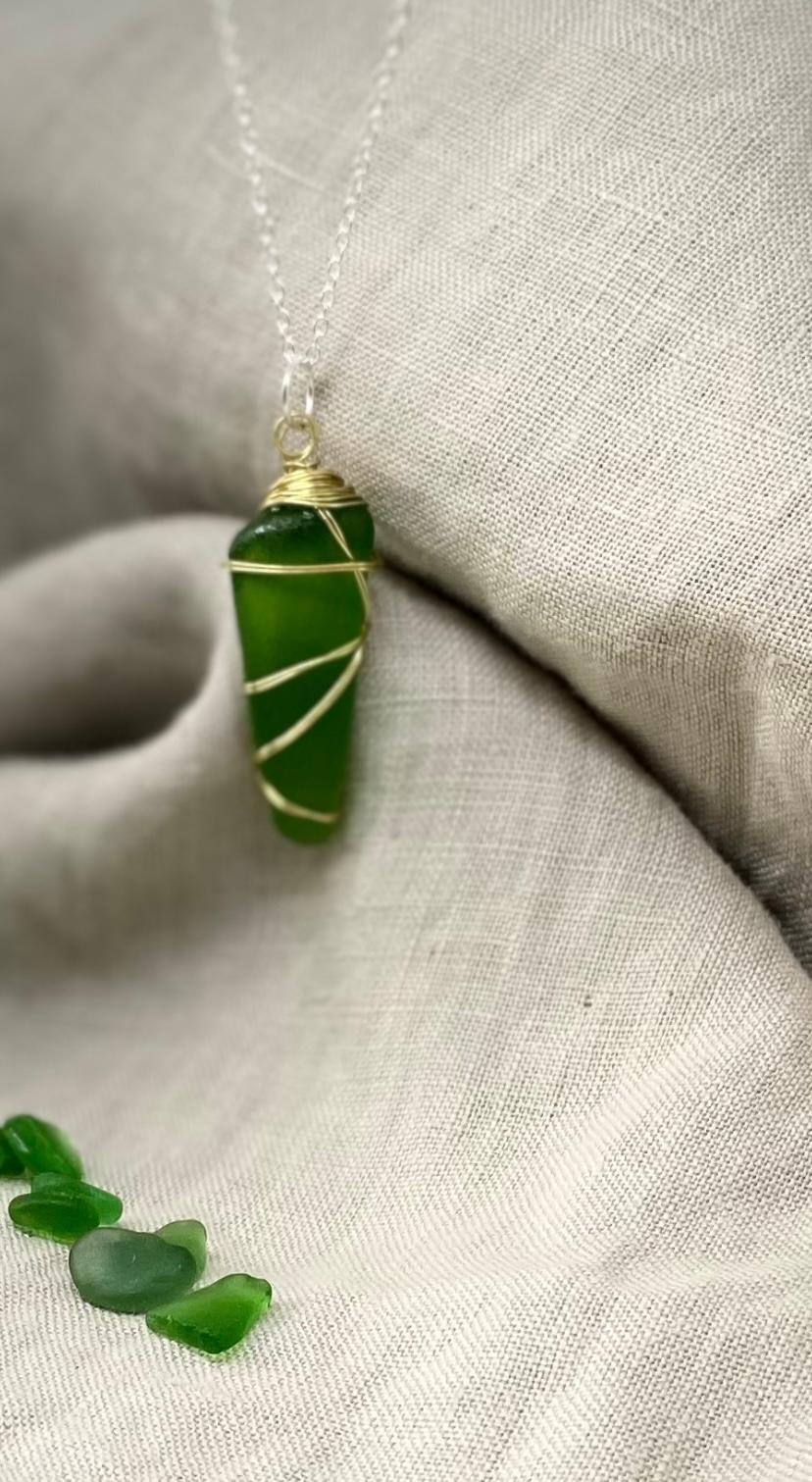 Sea Glass Necklace in Green with Gold Wire Wrap