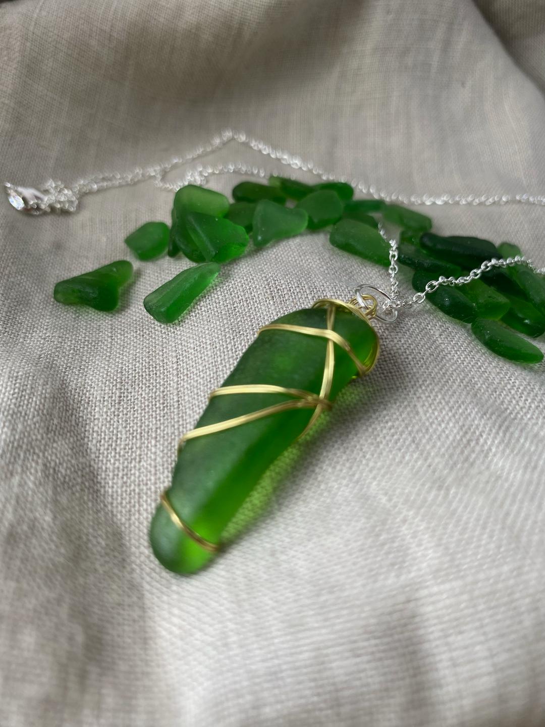 Sea Glass Necklace in Green with Gold Wire Wrap