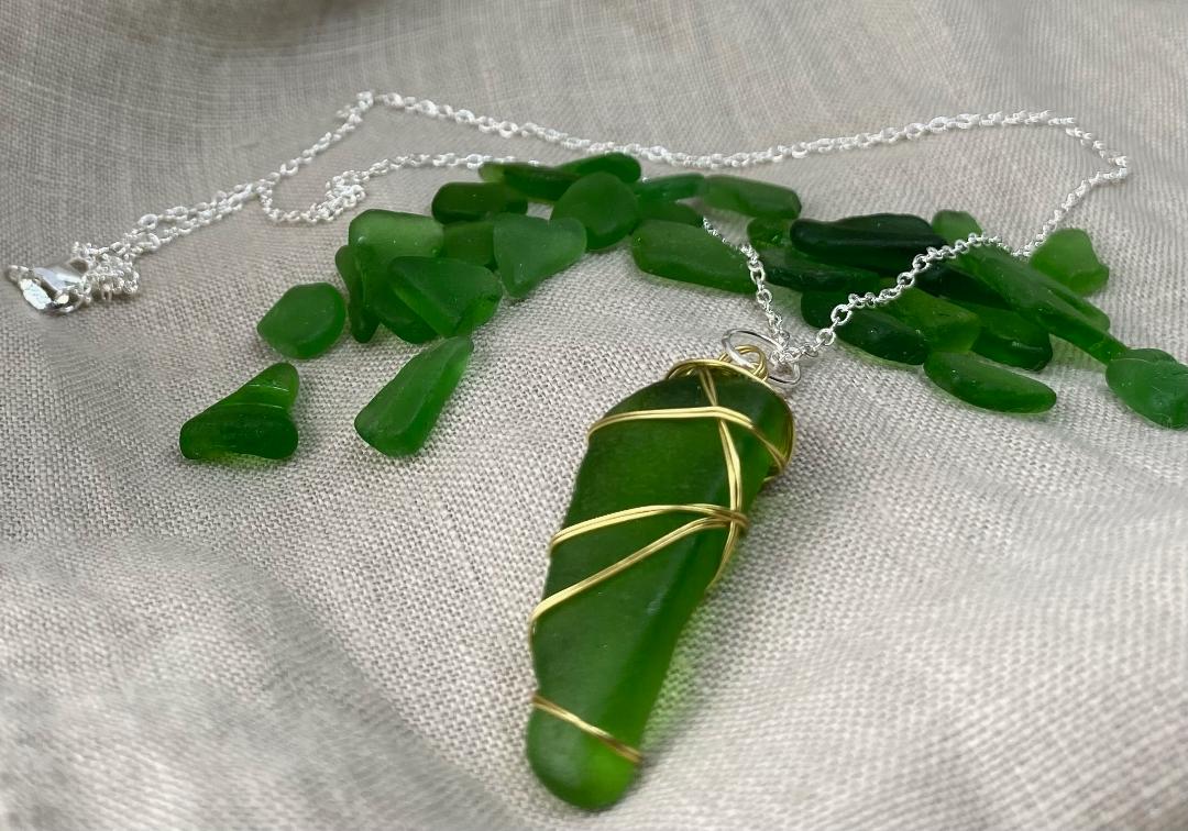 Sea Glass Necklace in Green with Gold Wire Wrap