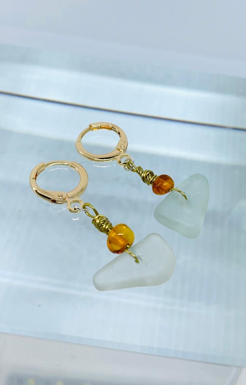 Clear Sea Glass Earrings With Amber Colour Beads