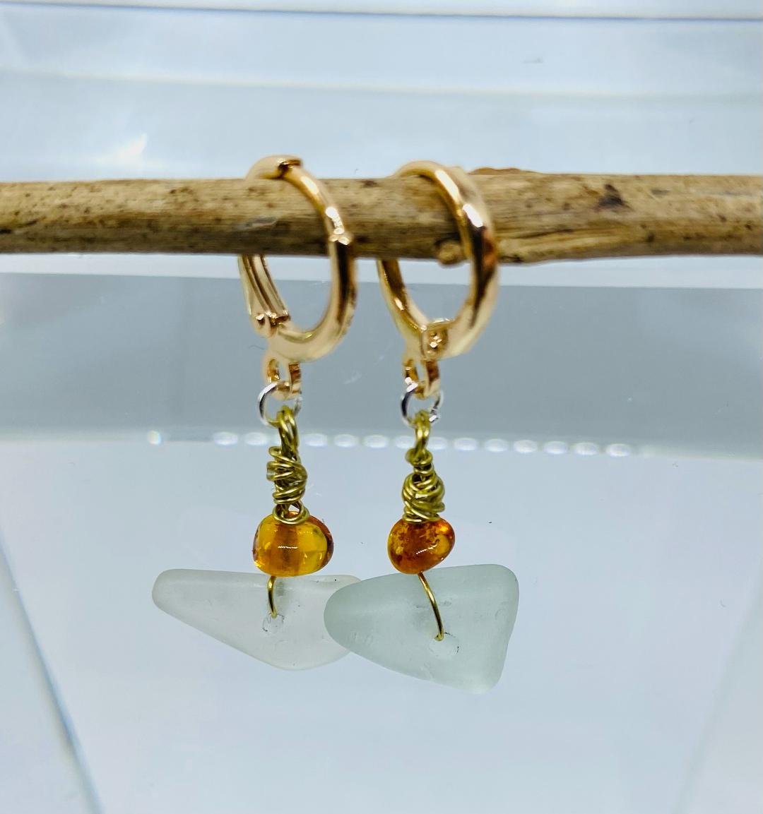 Clear Sea Glass Earrings With Amber Colour Beads