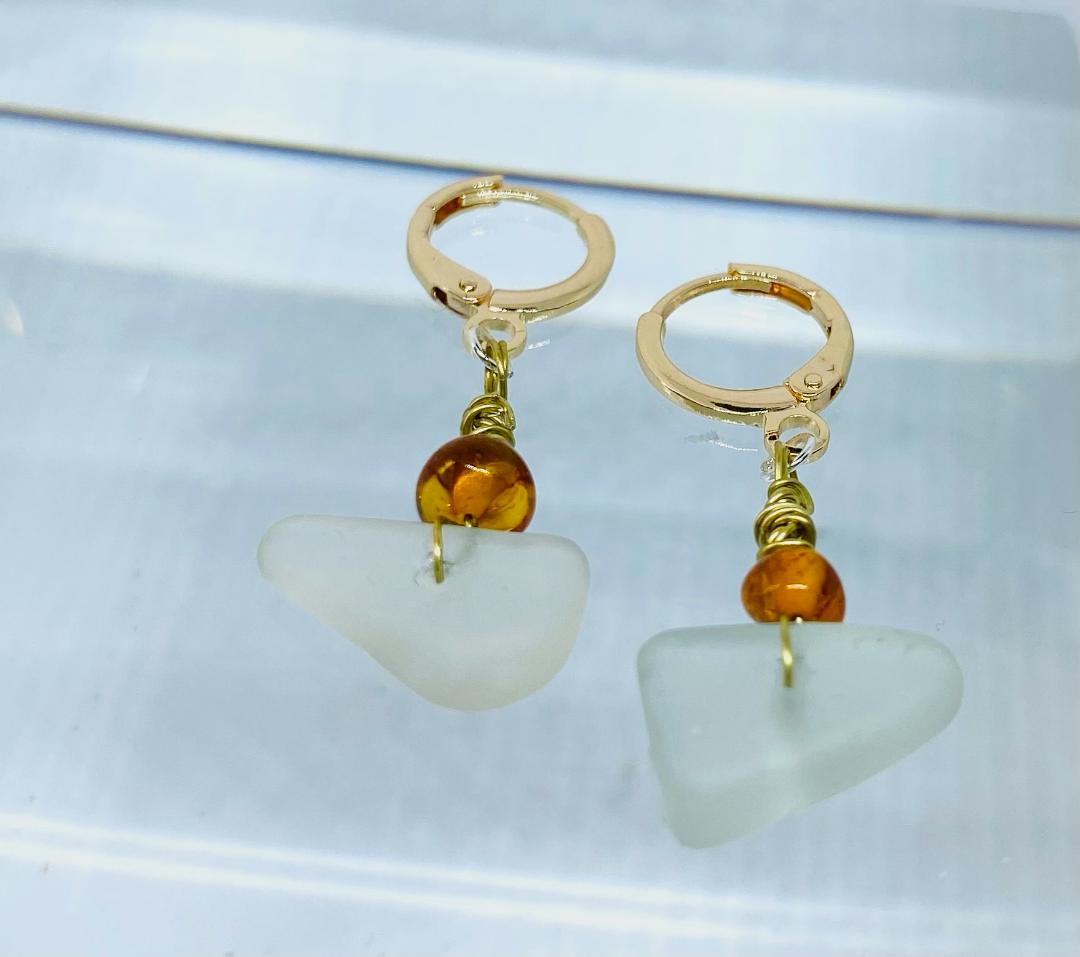 Clear Sea Glass Earrings With Amber Colour Beads