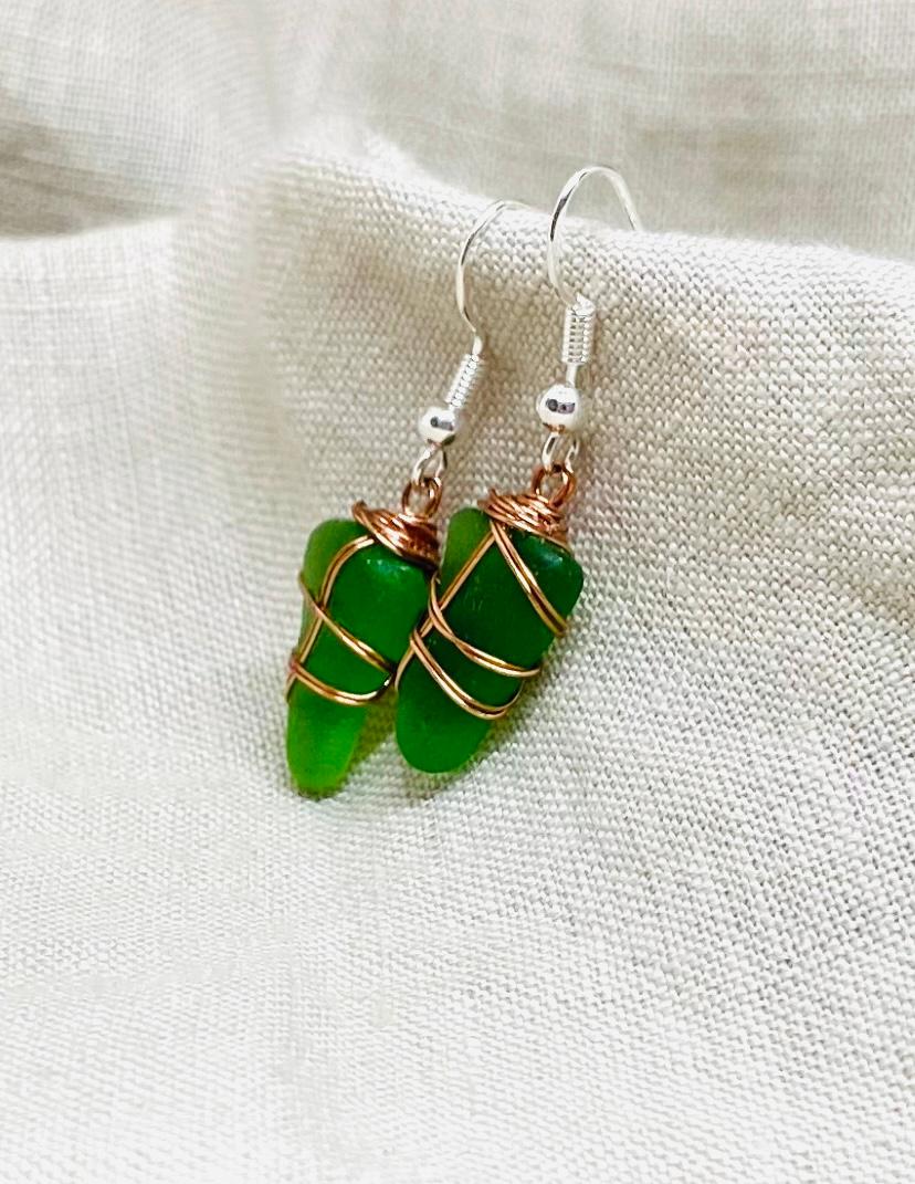 Green Sea Glass Earrings with Copper Tone Wire Wrap