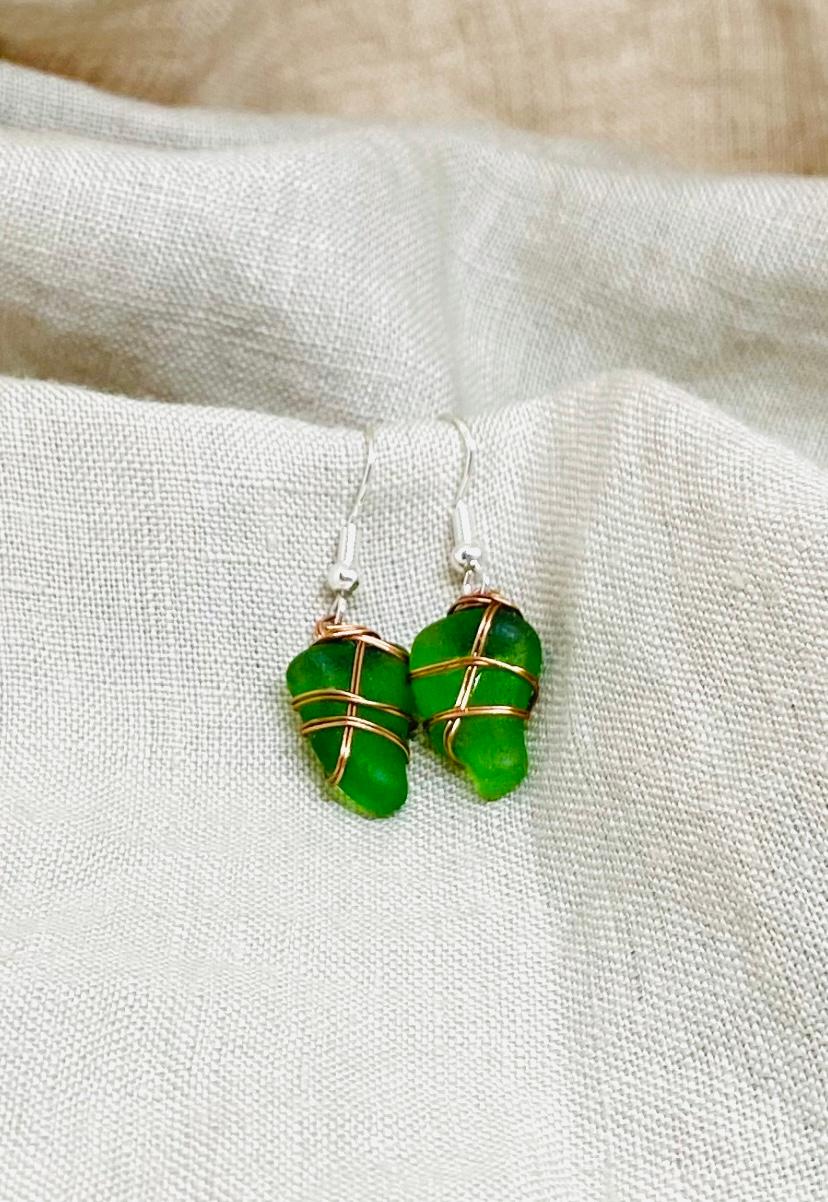 Green Sea Glass Earrings with Copper Tone Wire Wrap