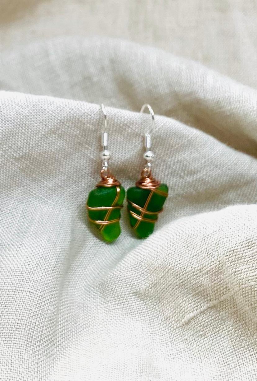 Green Sea Glass Earrings with Copper Tone Wire Wrap