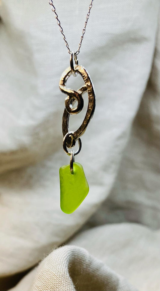 Necklace in Sterling Silver with Lime colour Sea Glass set on a Swirl Design