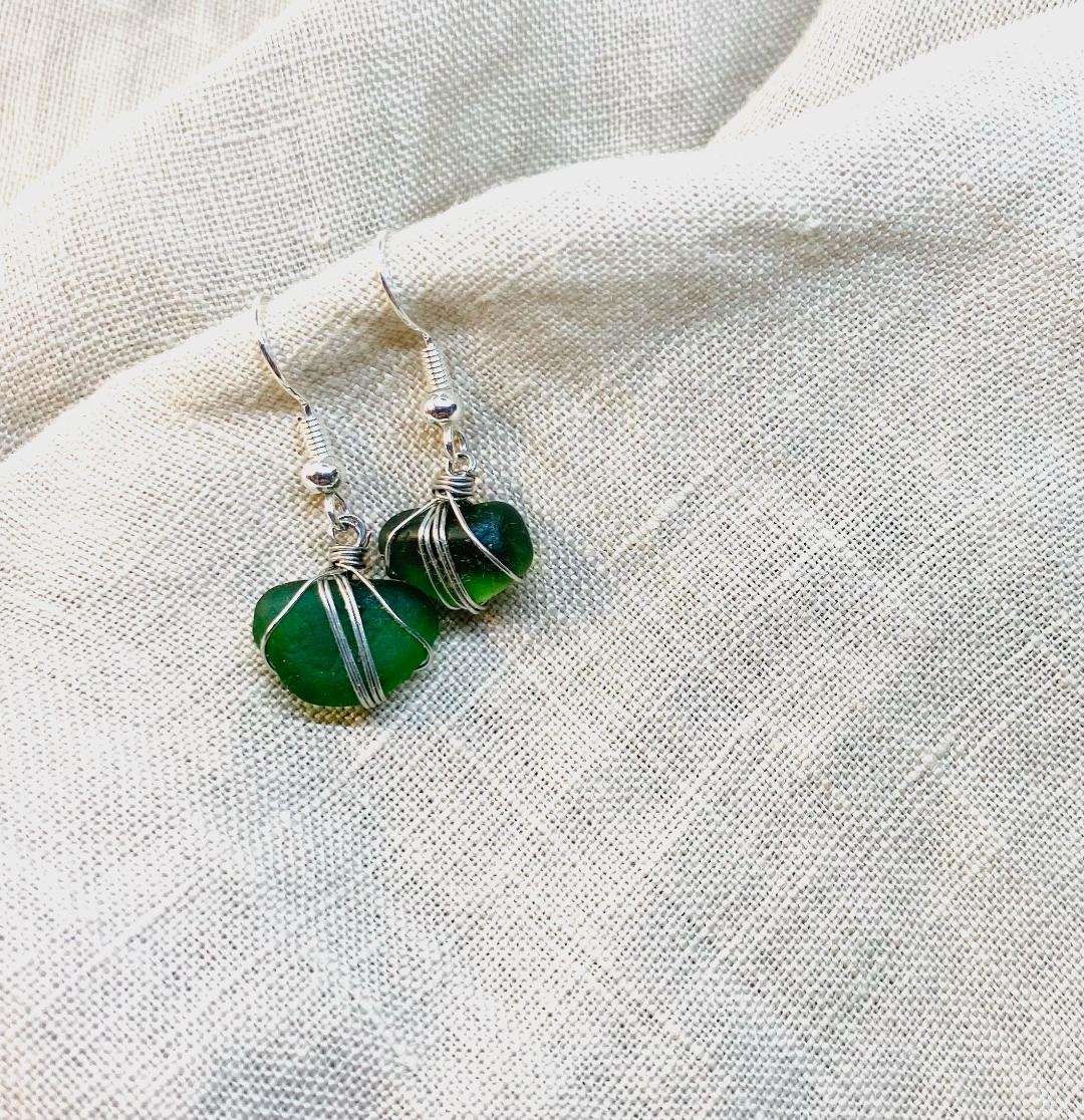 Sea Glass Earrings in Dark Green