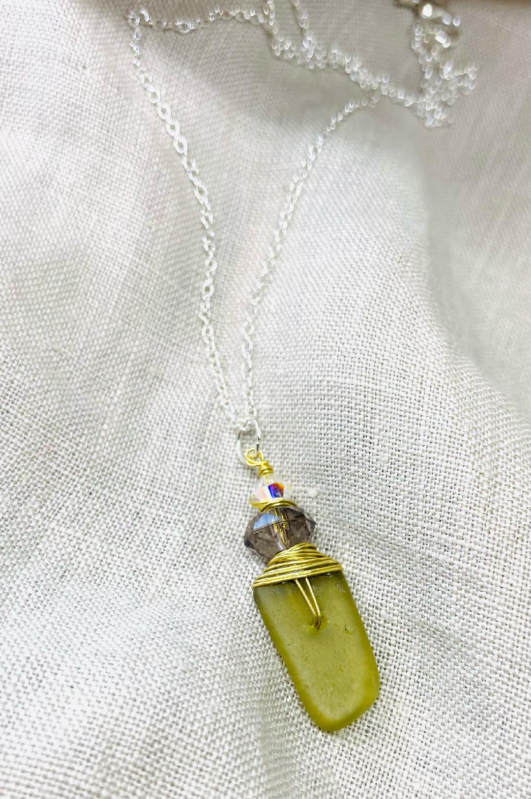 Olive Colour Sea Glass Necklace with Two Tone Glass Beads with Gold Tone Wire Wrap