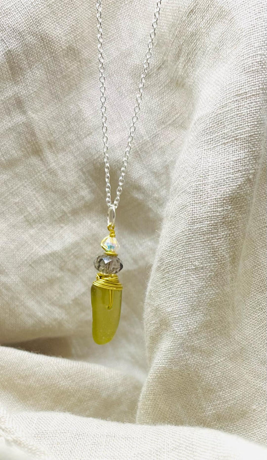 Olive Colour Sea Glass Necklace with Two Tone Glass Beads with Gold Tone Wire Wrap