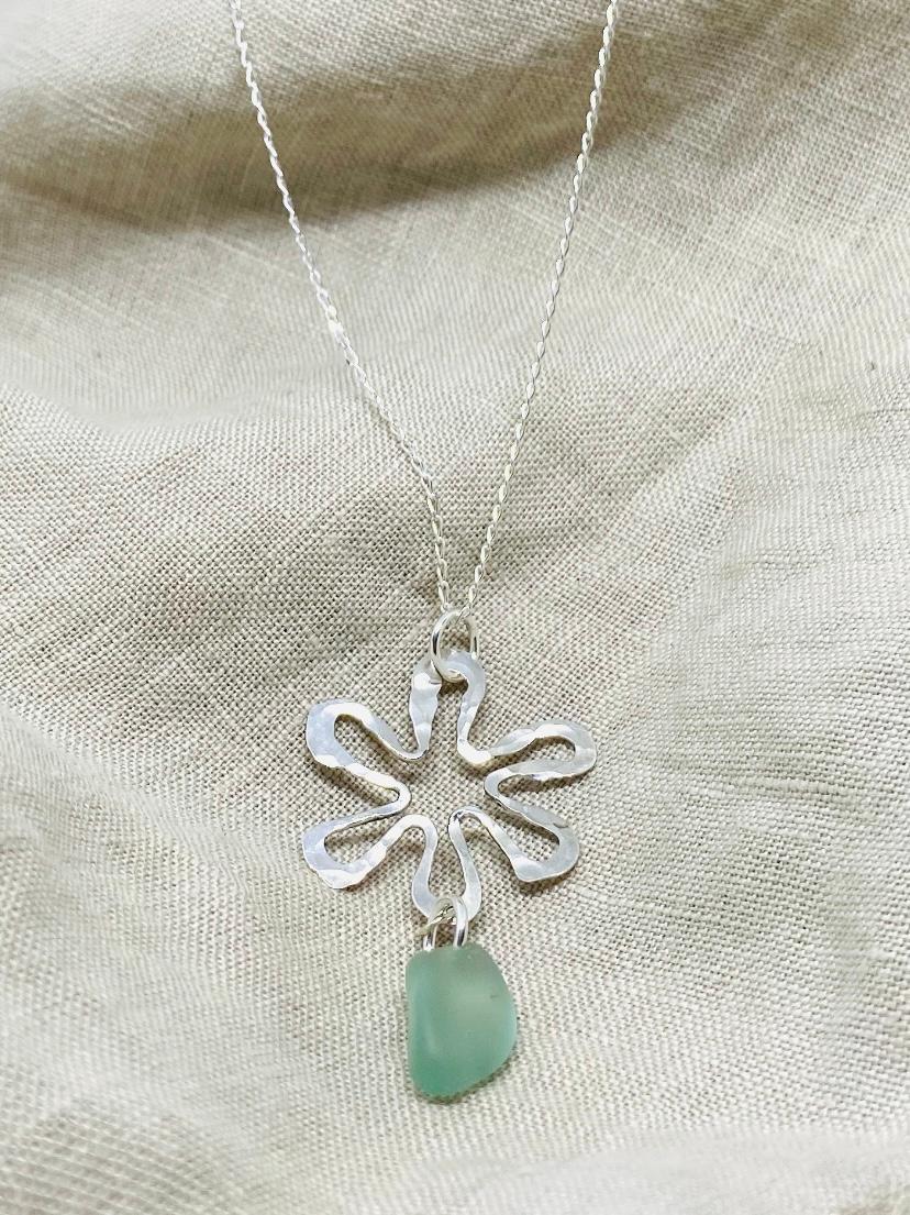 Sterling Silver Designed Drop Sea Glass Necklace