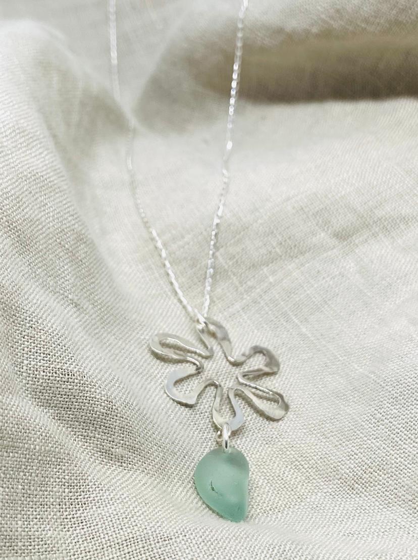 Sterling Silver Designed Drop Sea Glass Necklace