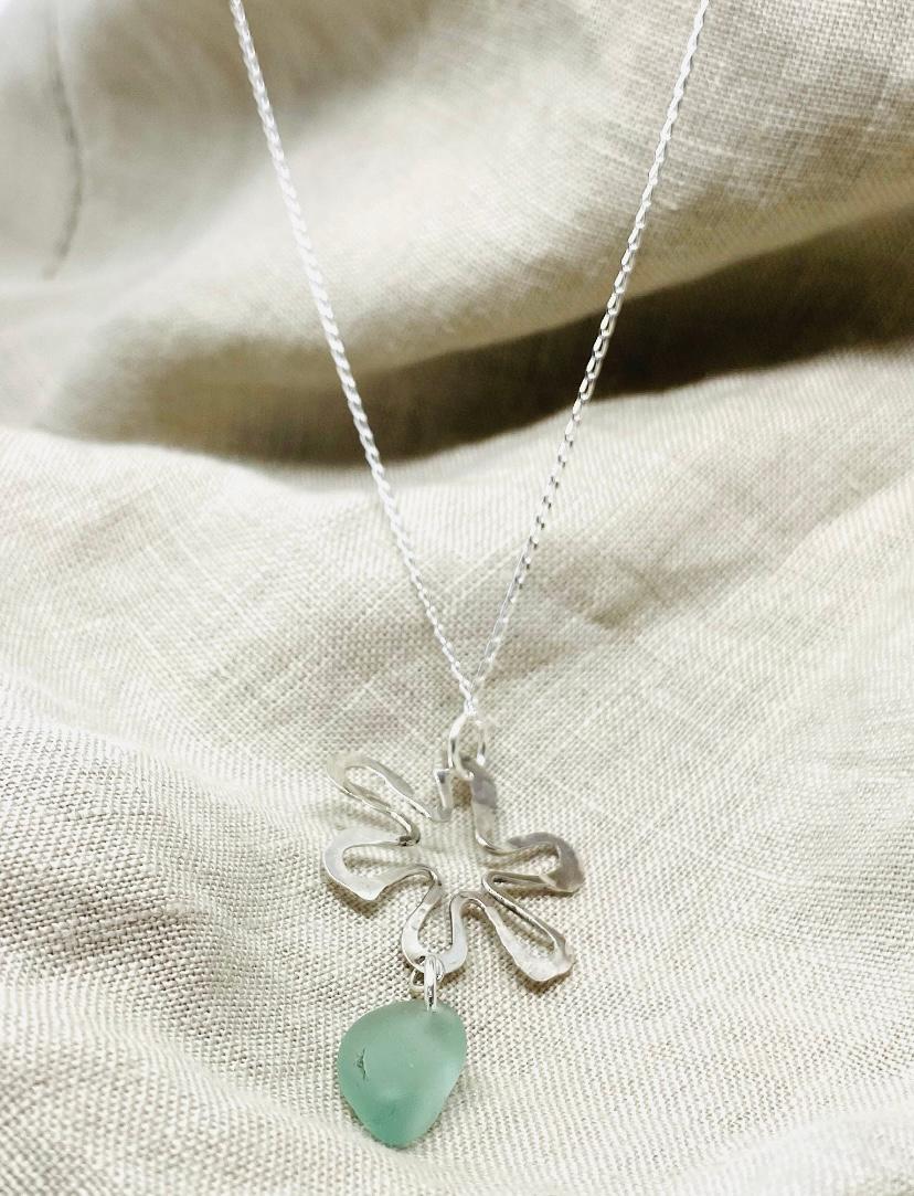 Sterling Silver Designed Drop Sea Glass Necklace