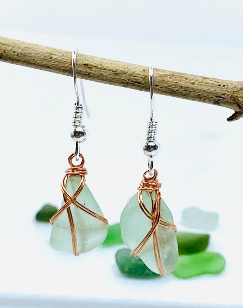 Sea Foam Colour Sea Glass Drop Earrings